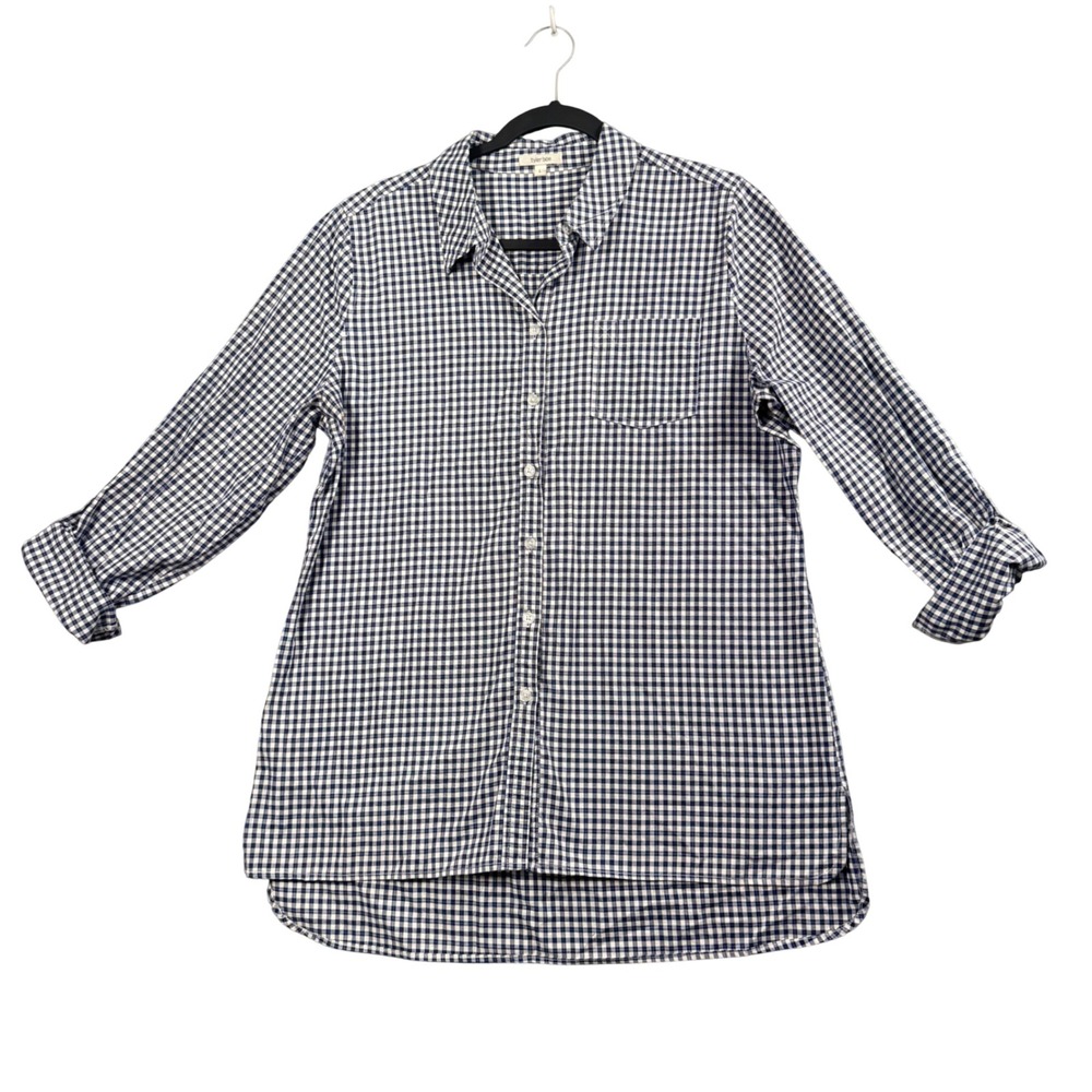 Tyler Boe Button Down Tunic Women L Blue White Gingham Preppy High Low Old Money